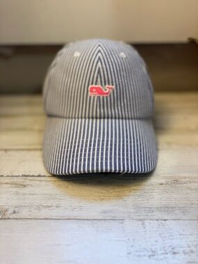 Vineyard Vines Navy & White Striped Whale Cap with Pink Logo